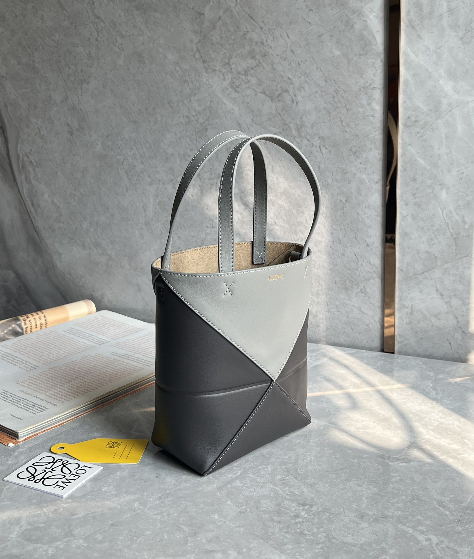 Loewe Mini Puzzle Fold Tote in Shiny Calfskin Grey/Dark Grey